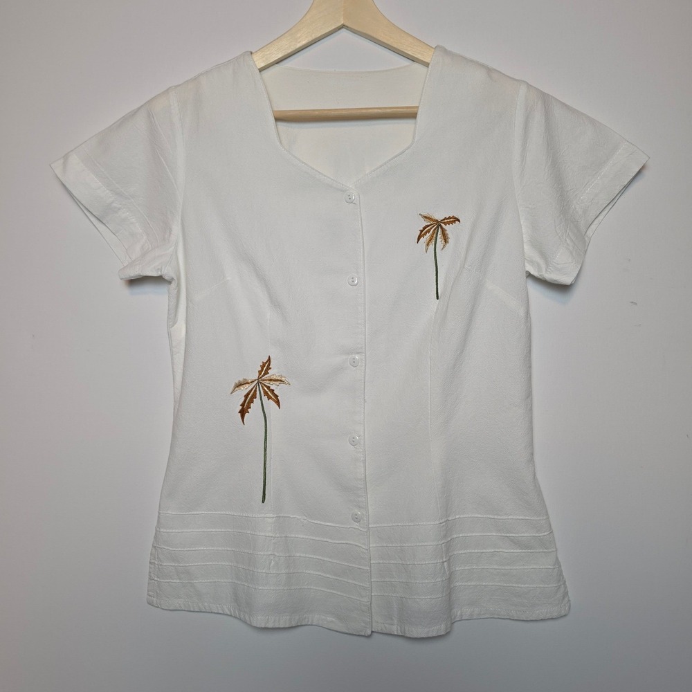 Mexico Lindo 100% Algodon Embroidered Palm Tree Button Front Blouse White Medium